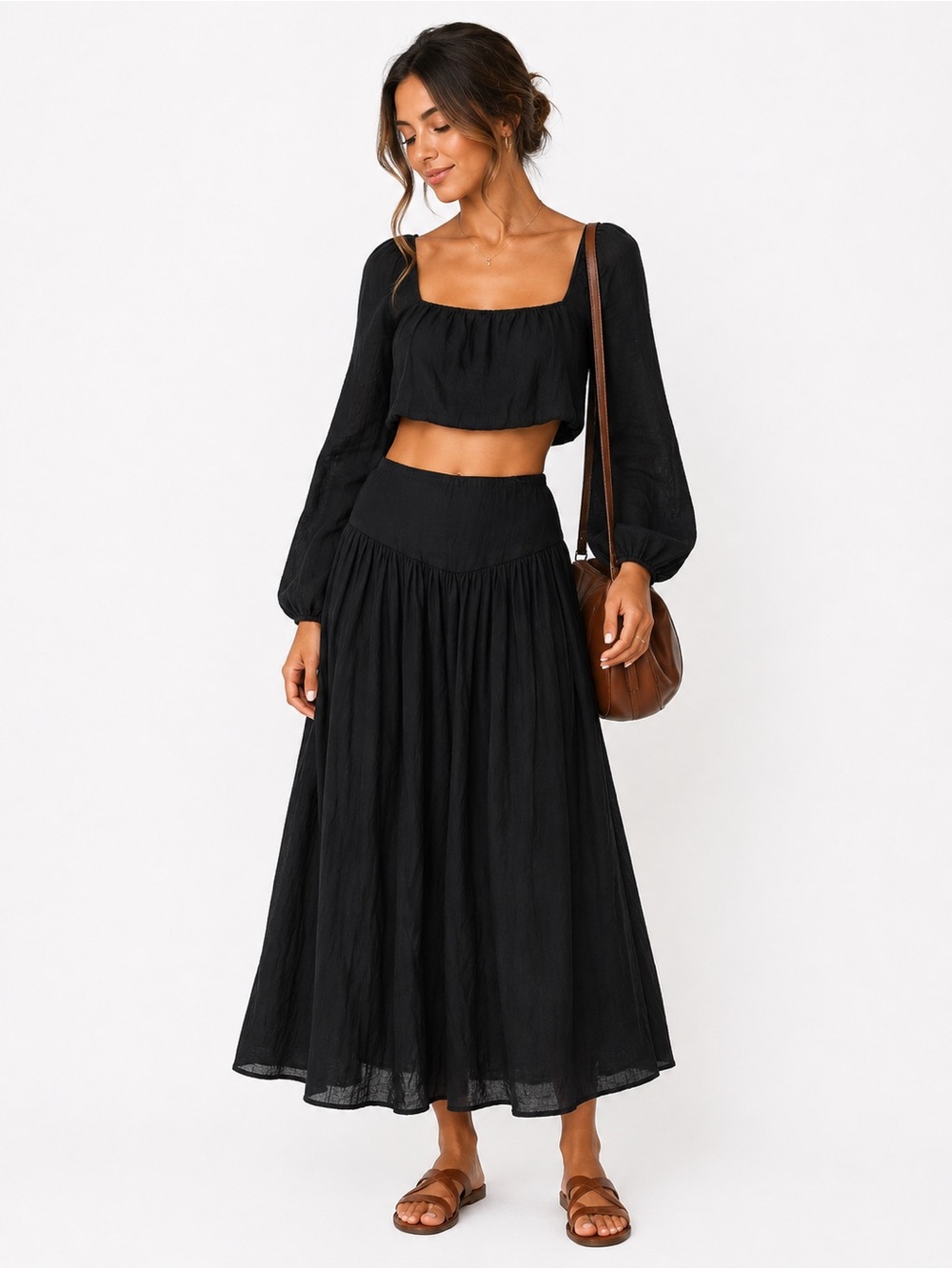 Free People Black Smocked Waist Maxi Skirt Set